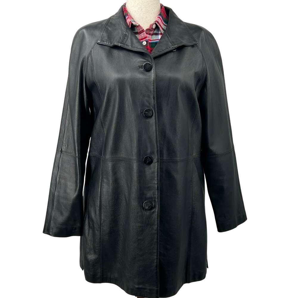 Worthington Womens Leather Coat Large Black Lambskin Button Trench 90s Aesthetic